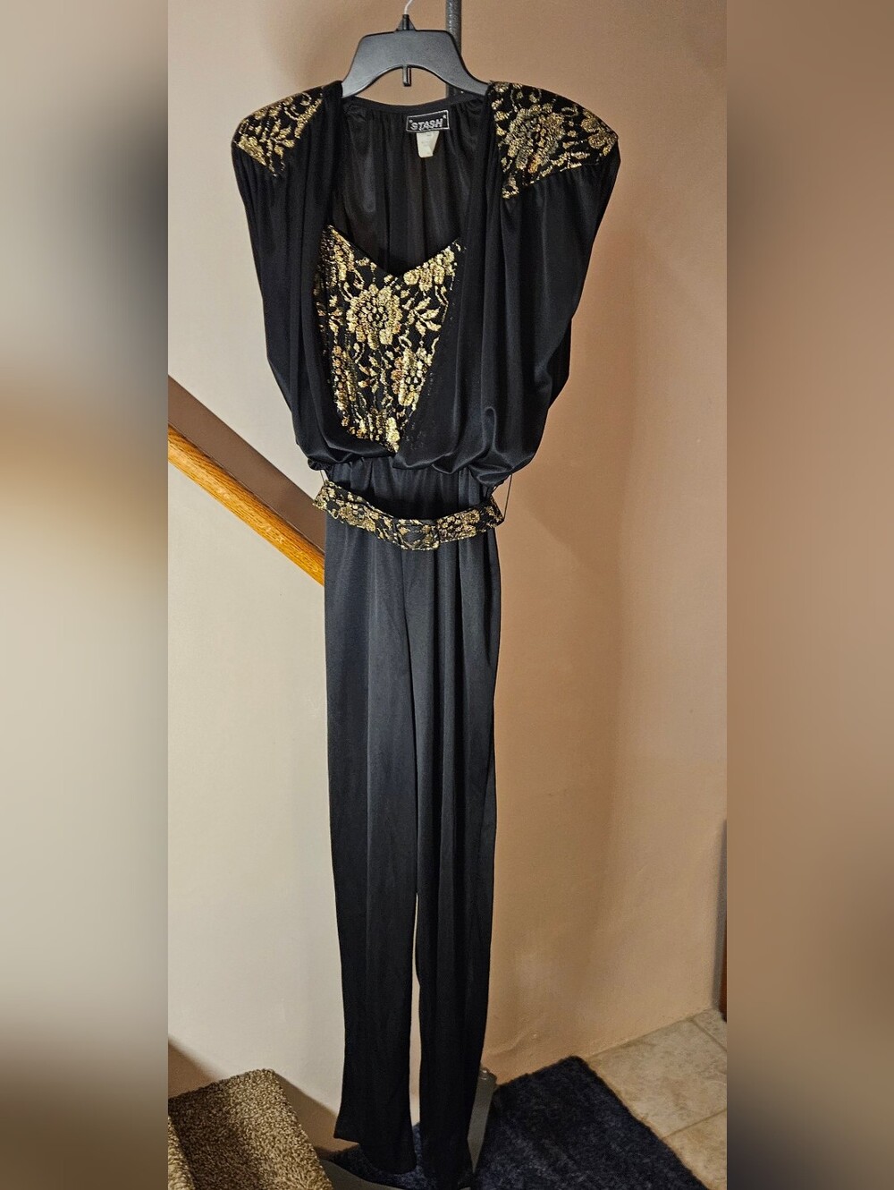 Stash 1980's Black Wet-Look Disco Glam Rock One Piece Jumpsuit Gold Accents EUC
